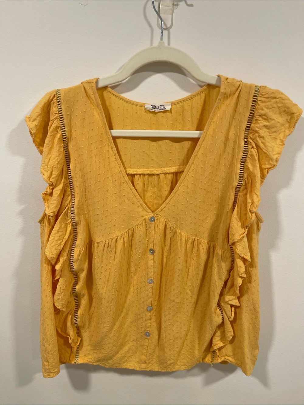 Miss Me Yellow Button-Front Ruffle Sleeve Blouse